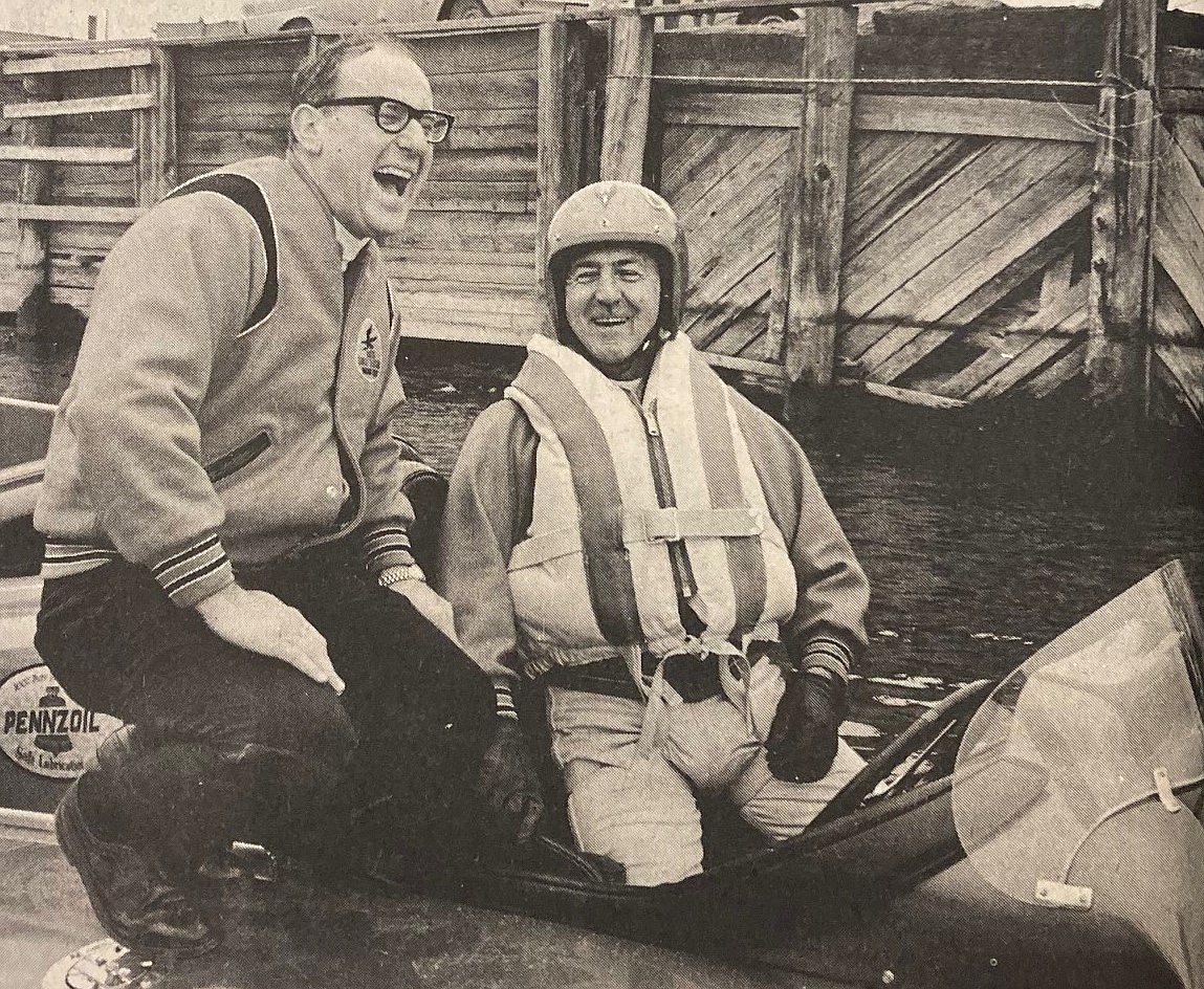 Owner Dave Heerensperger and driver Warner Gardner share a laugh in spring 1968 after test-driving Miss Eagle Electric on Lake Coeur d’Alene. Gardner was fatally injured in a crash on the Detroit River that fall.