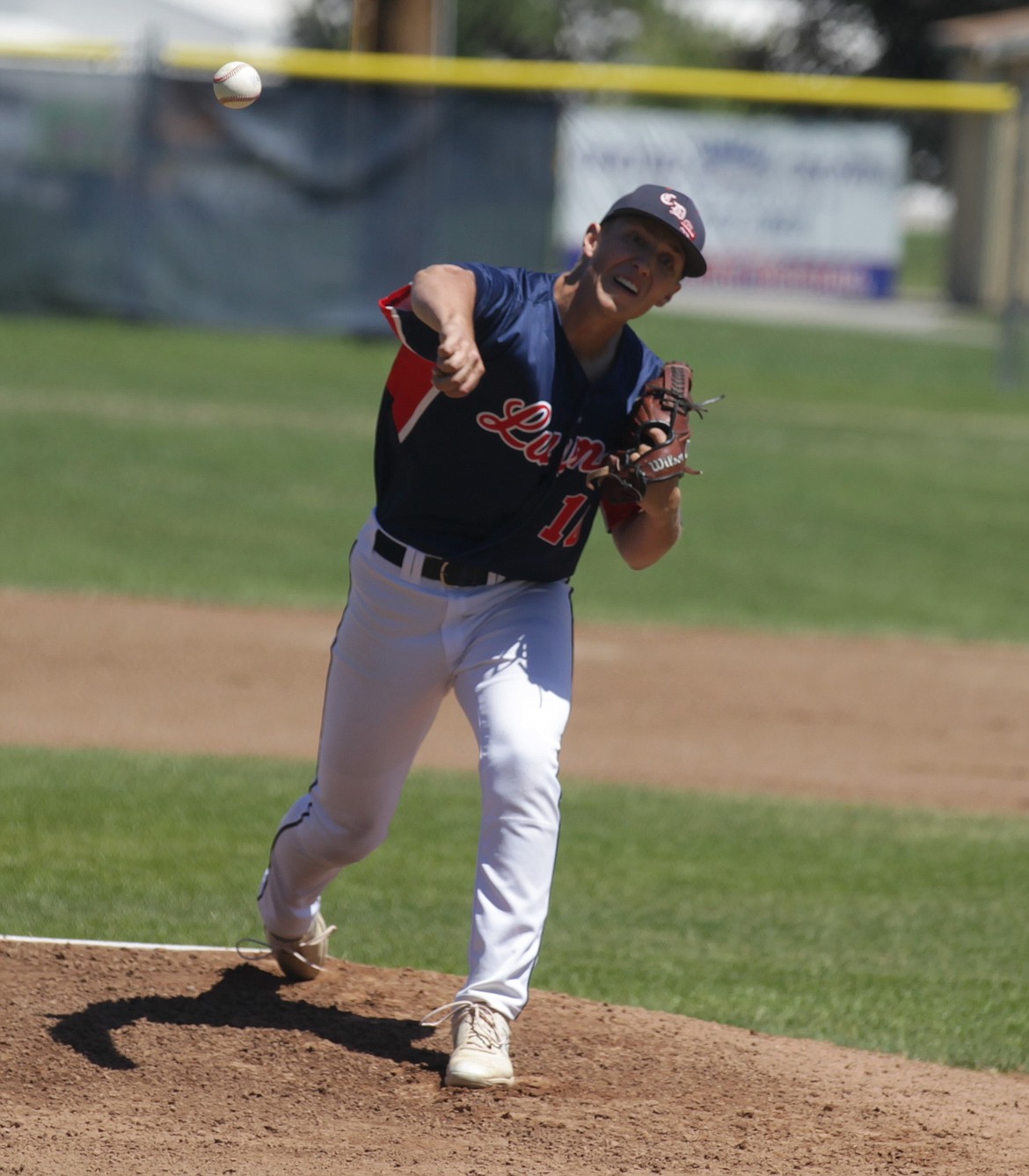 JASON ELLIOTT/Press
Coeur d'Alene Lumbermen pitcher Caden Robinett fires a pitch to the plate during Wednesday's state AA American Legion baseball tournament game at Thorco Field.