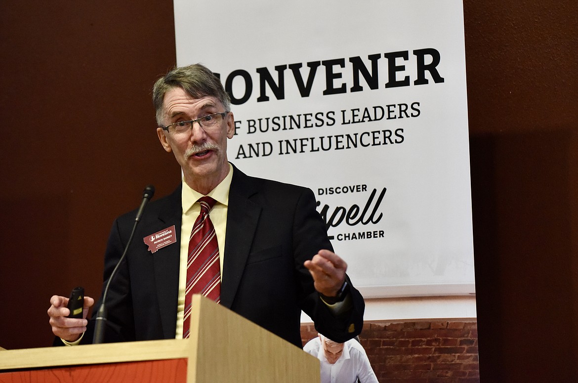 Patrick Barkey, director of the Bureau of Business and Economic Research at the University of Montana, speaks Thursday during the Governors’ Cup kick-off luncheon at Flathead Valley Community College. During his presentation, Barky said the state has big problems to solve when it comes to solving the housing shortage in the state, including that statewide and the Flathead Valley have underbuilt homes. (Heidi Desch/Daily Inter Lake)