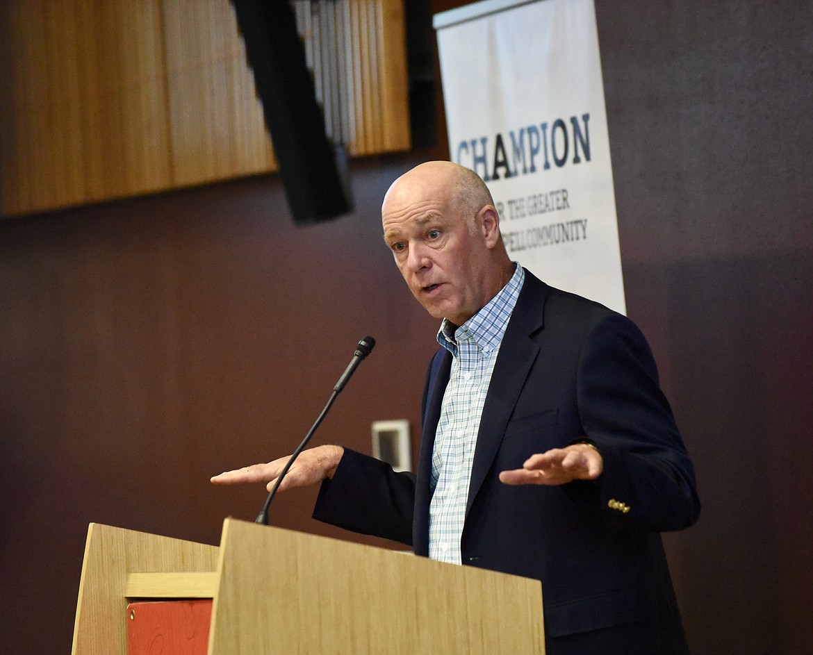 Montana Gov. Greg Gianforte speaks Thursday during the Governors’ Cup kick-off luncheon at Flathead Valley Community College. The Kalispell Chamber of Commerce hosted the event, along with the Montana Chamber of Foundation which is holding the Governors’ Cup golf tournament in Kalispell. (Heidi Desch/Daily Inter Lake)