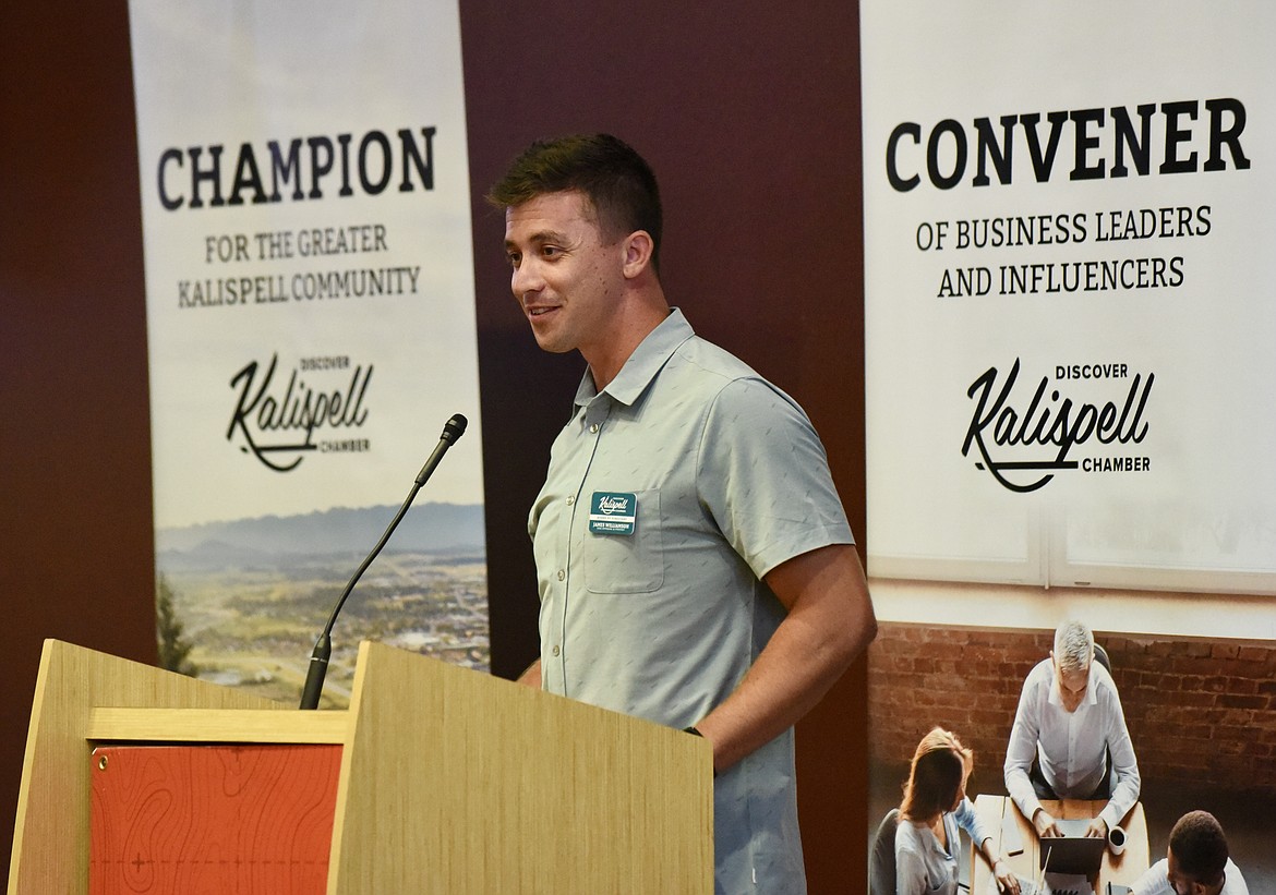 James Williamson, of Sage Strategy & Appraisals, goes over the results of a Kalispell Chamber of Commerce business survey Thursday during the Governors’ Cup kick-off luncheon at Flathead Valley Community College. The event was hosted by the chamber and the Montana Chamber Foundation. (Heidi Desch/Daily Inter Lake)