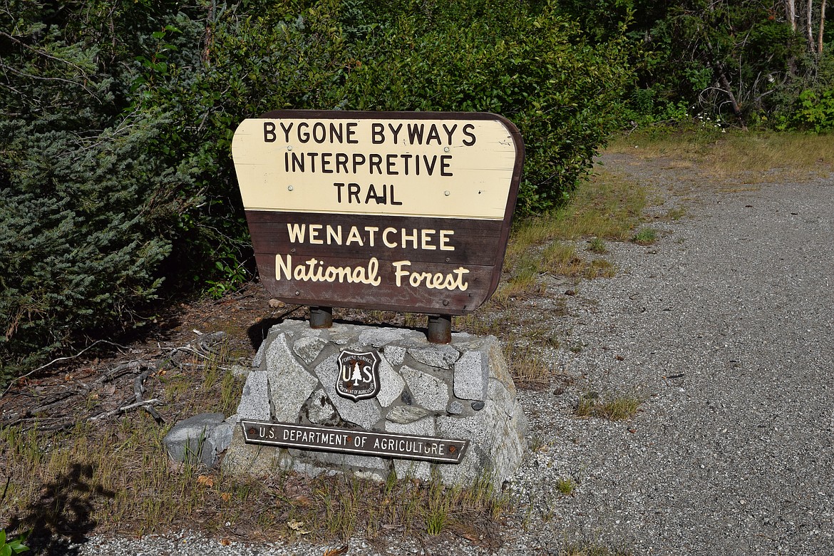 The Bygone Byways Interpretive Trail is located about 30 miles from Leavenworth on U.S. Highway 2, near mile marker 69. The parking area is relatively small, but marked by this sign.