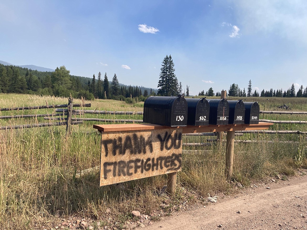 A sign thanks firefighters working on the Colt Fire northwest of Seeley Lake on July 27, 2023. (InciWeb photo)