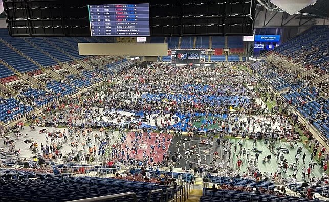 An aerial view of what an average day looked like at the 2023 USA Junior Wrestling National Championships.