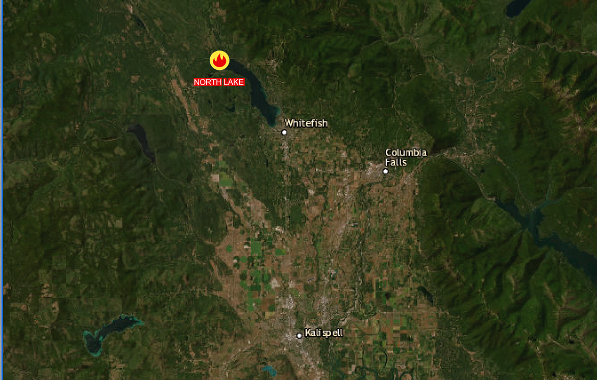 A map shows the location of the North Lake Fire along Whitefish Lake.