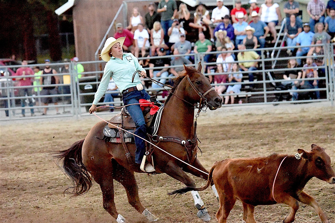 Choteau's Celie Salmond competed Friday evening in the ladies breakaway event at the Kootenai River Stampede. (Scott Shindledecker/The Western News)