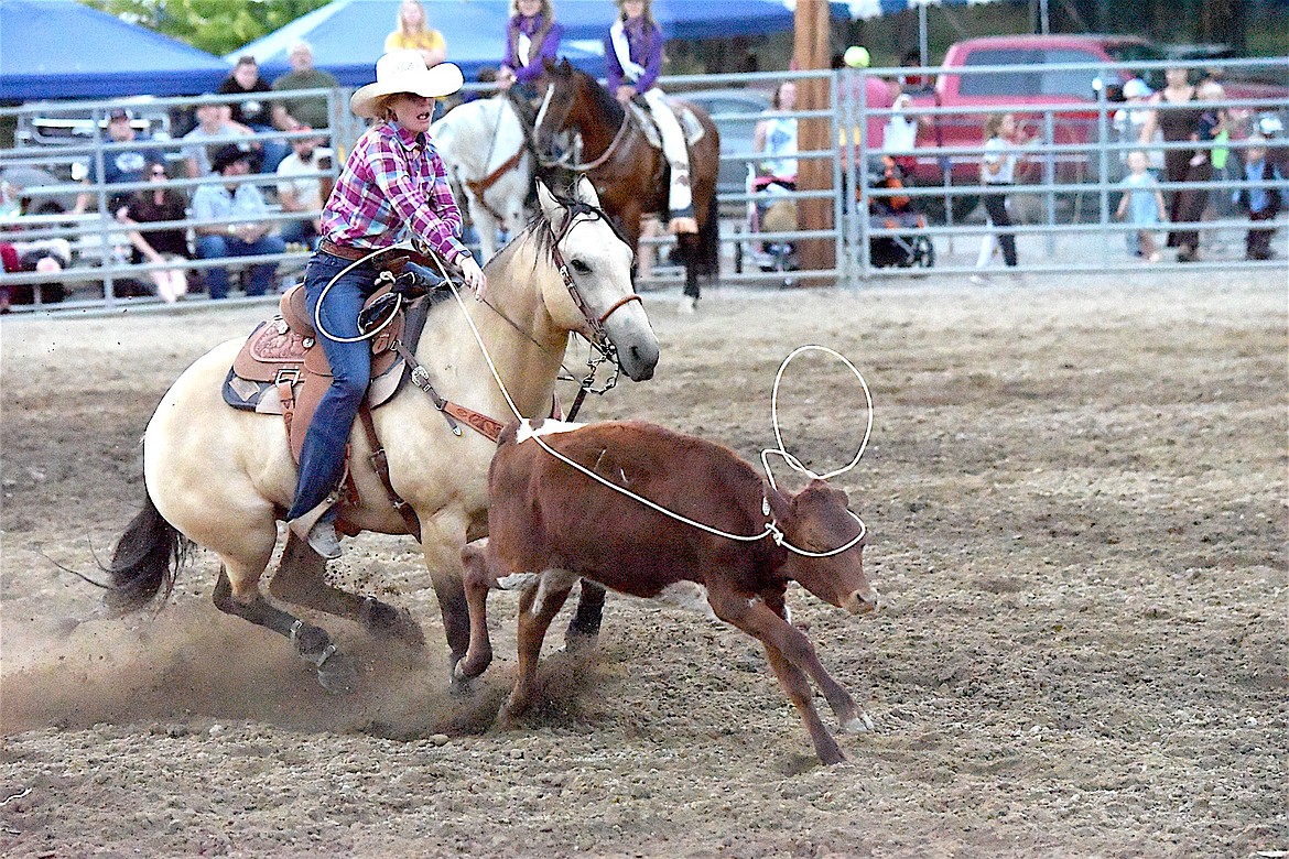 Wolf Creek's Whitney Levine competes Friday evening in the ladies breakaway event at the Kootenai River Stampede. (Scott Shindledecker/The Western News)