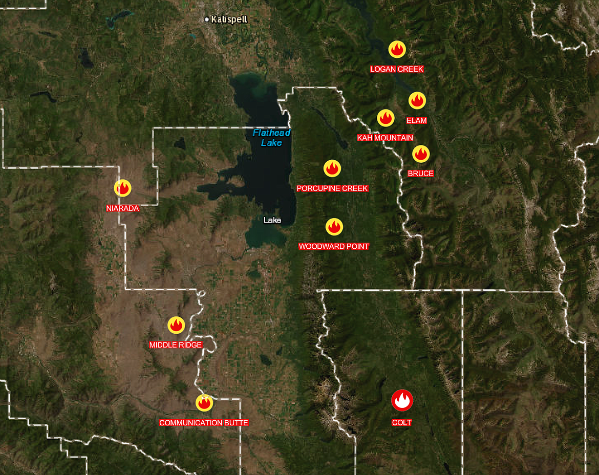 A map shows the location of new fire starts in Lake and Flathead counties on July 30, 2023.