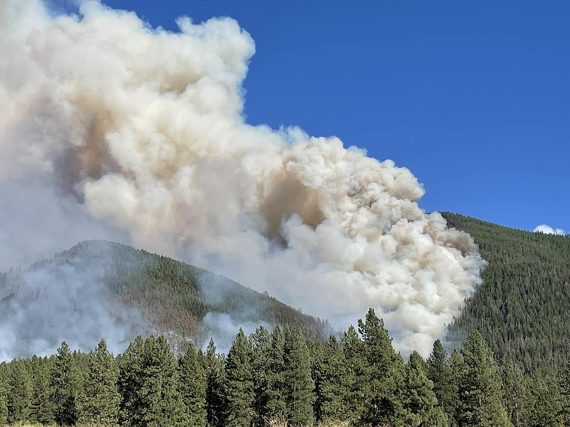 A column of smoke rises from the Big Knife Fire east of Arlee on Sunday, July 30, 2023. (CSKT Division of Fire photo)