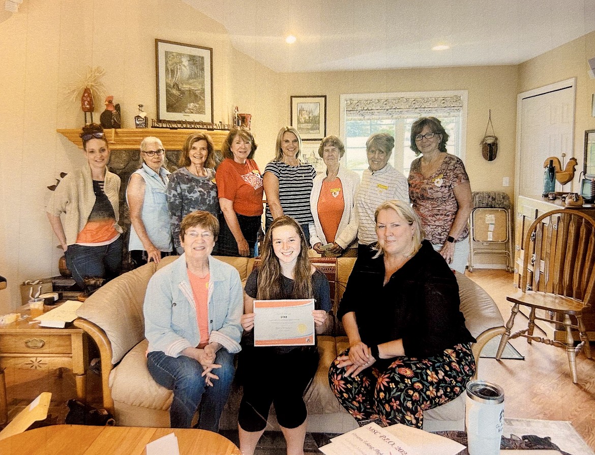 Kalispell’s Chapter BN of the women’s Philanthropic Education Organization has selected Flathead High School senior Kenna Anderson for its International P.E.O. STAR scholarship. In back are Jenny Baker, Pat Hodge, Cindy Riebe, Deb Smith, Tracy Ketchum, Connie Graycheck, Bev Aronson and Alison Schmalts. Front row are Toni Gunnerson, Kenna Anderson and Kirsten Smith.