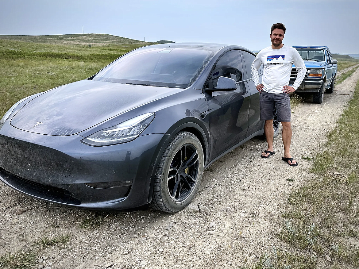 The Tesla Model Y that ended up at the center of a small-town charging controversy in Ekalaka after its driver, Chad Lauterbach, plugged it unto an unattended utility outlet. The vehicle is pictured here outside town. (Photo courtesy Chad Lauterbach)