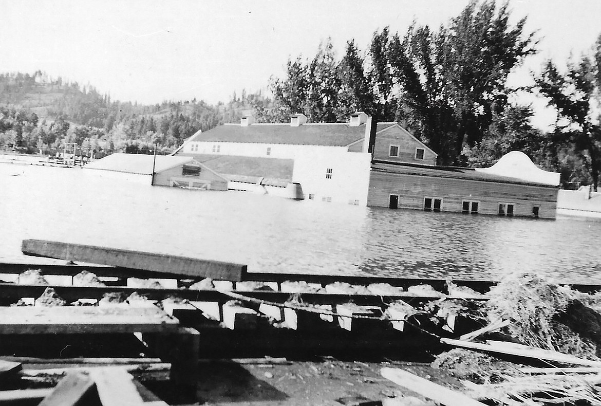 A photo of the Memorial Hall and large Exhibit Hall at the Boundary County Fairgrounds during the 1948 flood.