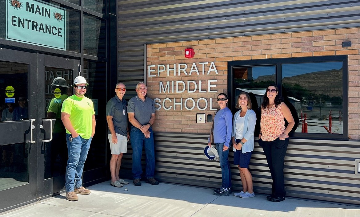 From left to right: Thomas Kirk of Fowler Construction,  Ephrata School District Superintendent Tim Payne, Ephrata School Board Members Bill Correll and Anita Waller, Grant Elementary Principal Shannon Dahl and Ephrata School District Director of Special Services Jamie Bessette toured campuses under renovation last Wednesday to see the status of work at those sites.