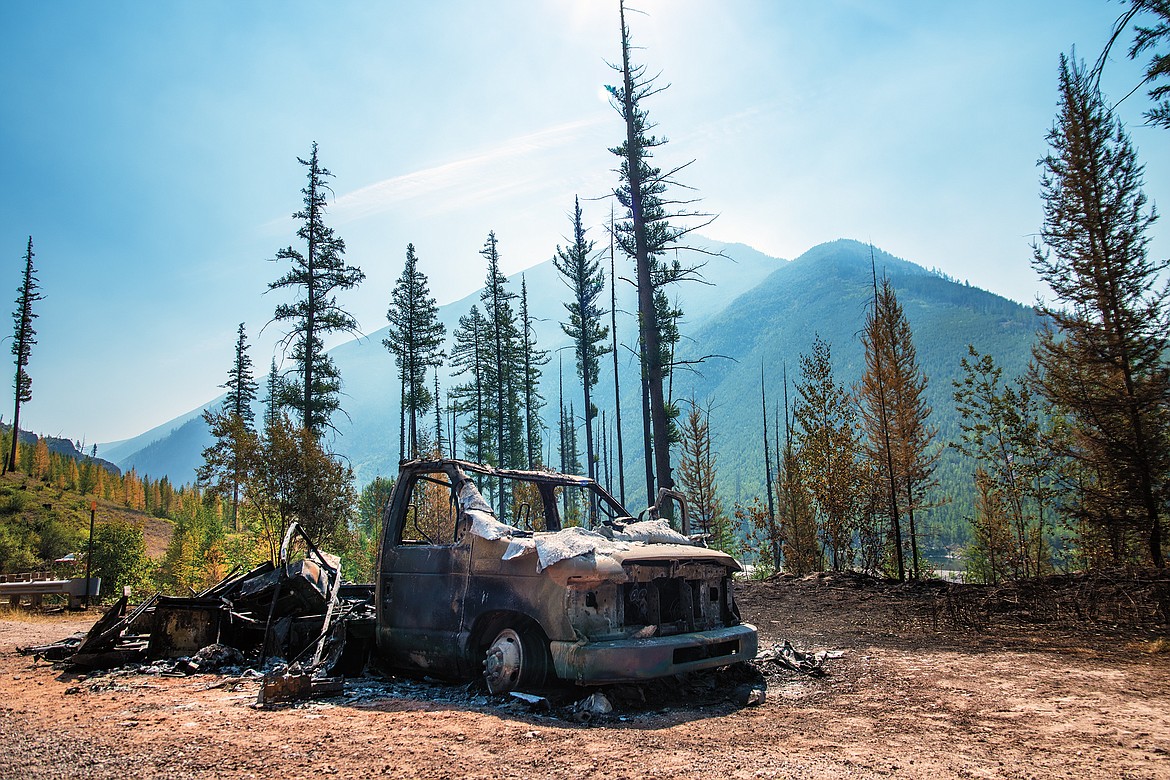 The charred remains of the RV. Huckleberry Mountain is in the background. (Avery Howe photo)