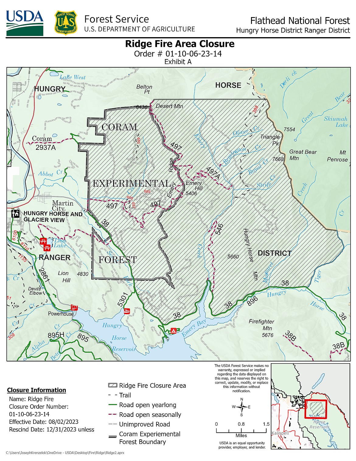 A map of the Ridge Fire closure.