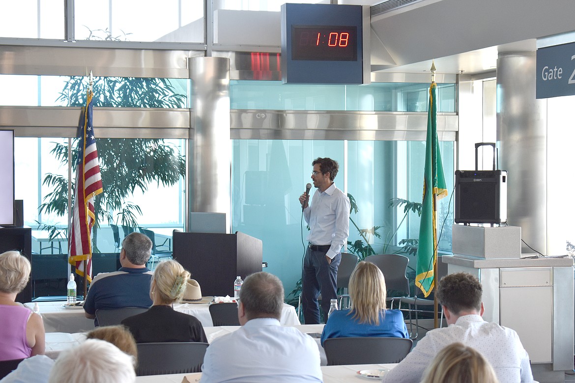 Andy Stevenson, the vice president of project development for Twelve, describes the work his company is doing in Moses Lake to an audience of legislators and others at the Port of Moses Lake Wednesday.