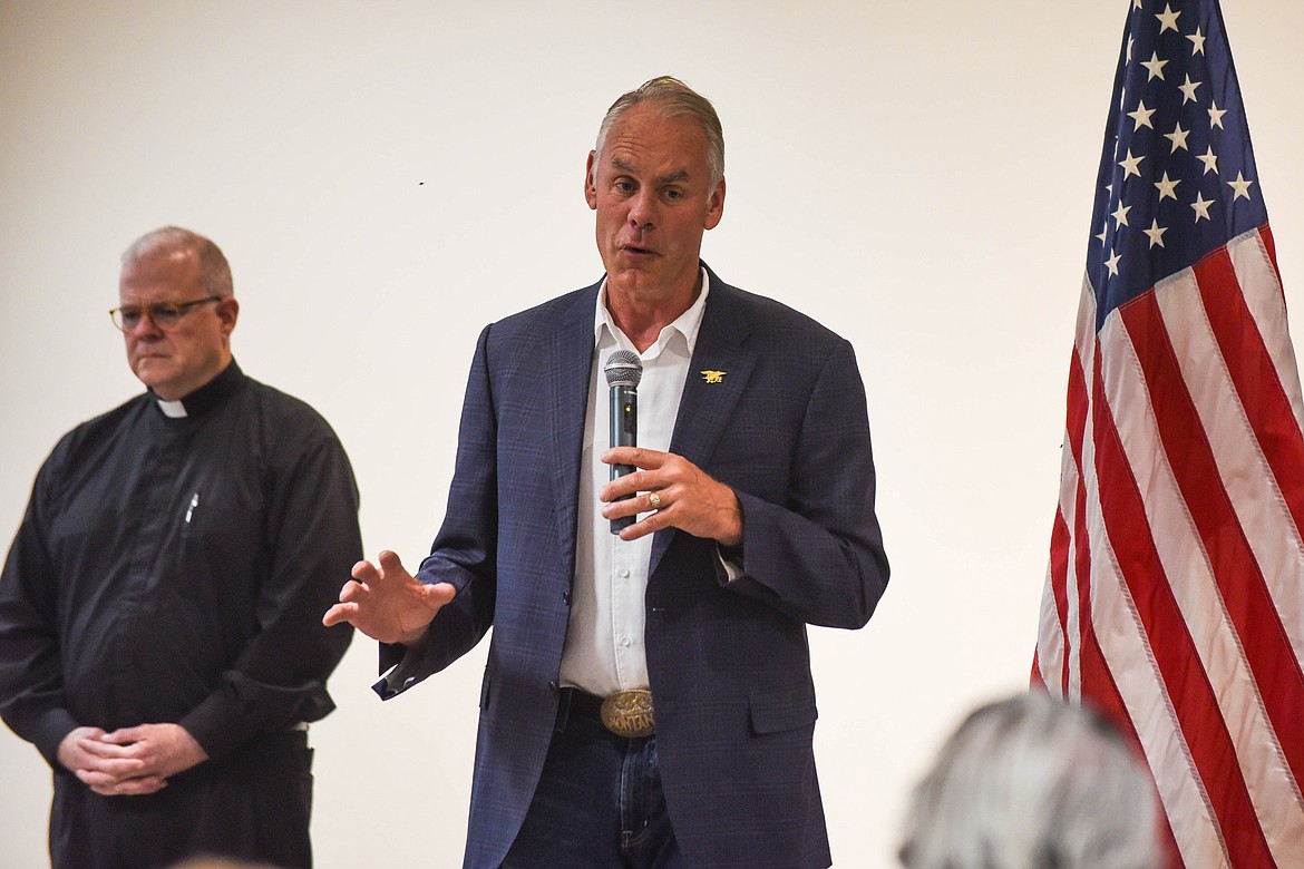 U.S. Congressman Ryan Zinke speaks at a town hall event with the America First Policy Institute on Aug. 2, 2023 at Grouse Mountain Lodge in Whitefish. (Kate Heston/Daily Inter Lake)