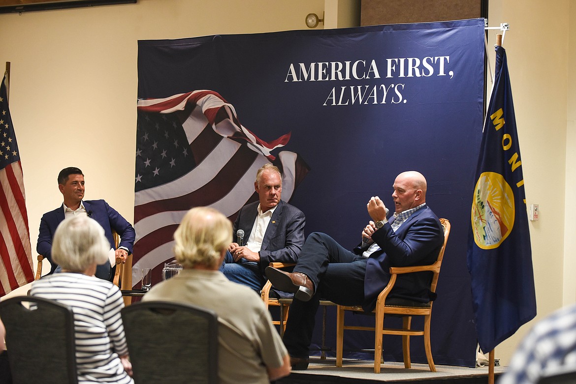 From left to right, former Secretary of Homeland Security Chad Wolf, U.S. Congressman Ryan Zinke, and former acting Attorney General Matt Whitaker speak at a town hall event with the America First Policy Institute on Aug. 2, 2023 at Grouse Mountain Lodge in Whitefish. (Kate Heston/Daily Inter Lake)