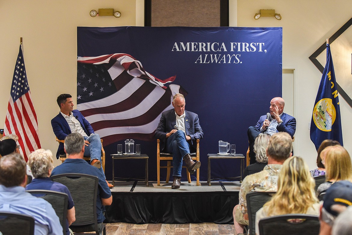 From left to right, former Secretary of Homeland Security Chad Wolf, U.S. Congressman Ryan Zinke, and former acting Attorney General Matt Whitaker speak at a town hall event with the America First Policy Institute on Aug. 2, 2023 at Grouse Mountain Lodge in Whitefish. (Kate Heston/Daily Inter Lake)