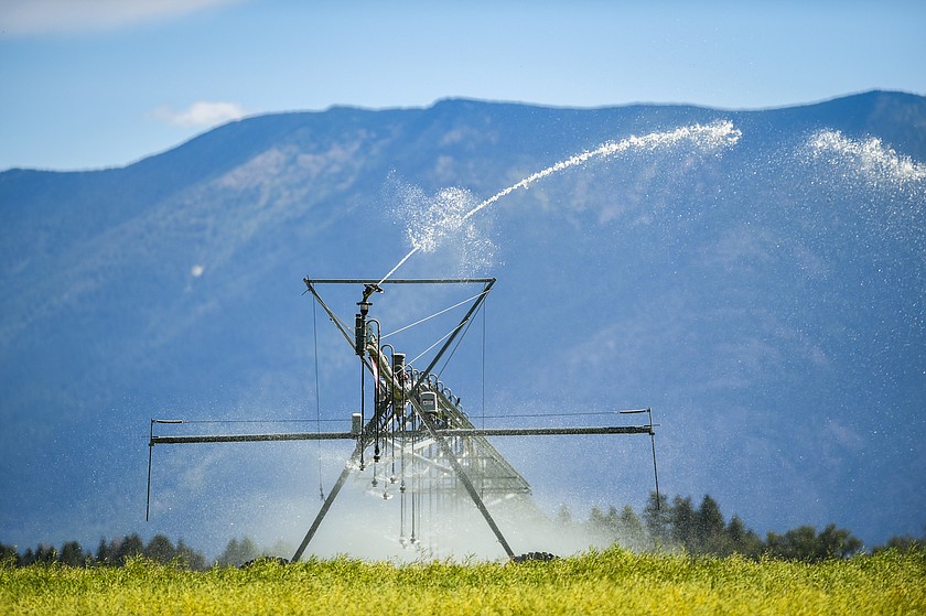 An irrigation pivot waters crops along Whitefish Stage Road on Thursday, July 27. (Casey Kreider/Daily Inter Lake)