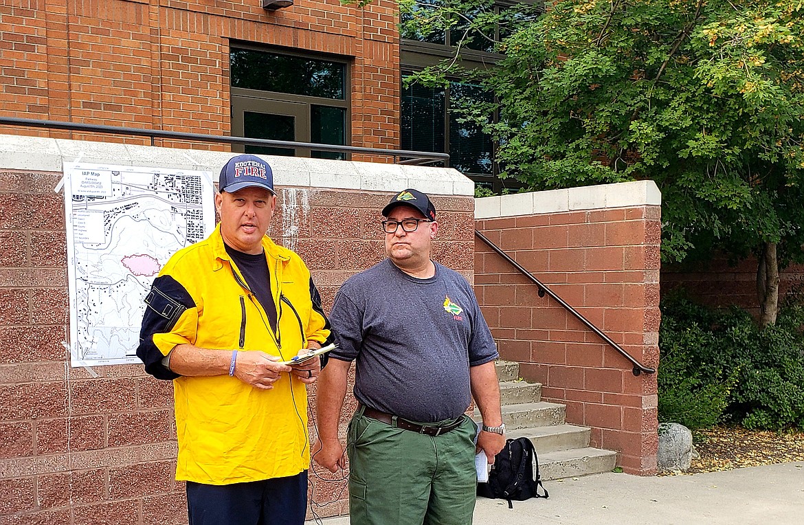 Kootenai County Fire and Rescue Fire Chief Chris Way, left, and Idaho Department of Lands Communications Chief Scott Phillips report on the Parkway Fire at 9 a.m. Saturday.