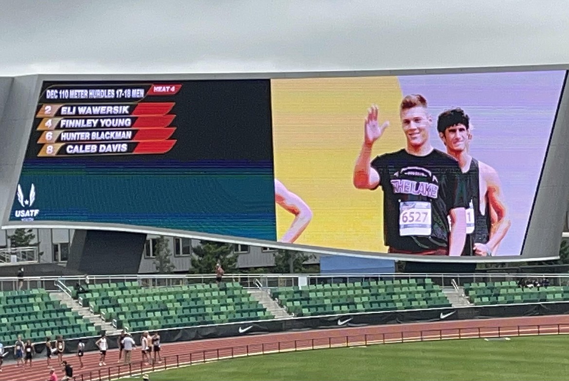 Moses Lake junior Hunter Blackman waves on the video board at the USA Track & Field National Junior Olympic Championships in Eugene, Oregon.