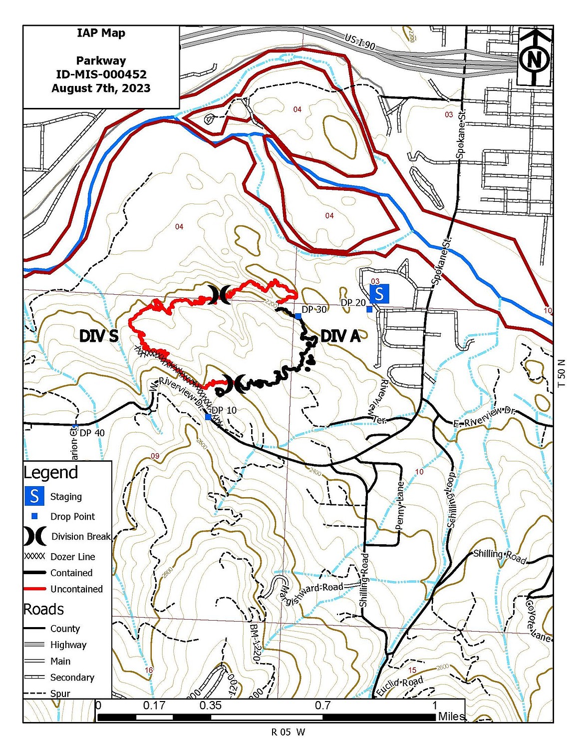 The map of the perimeter of the Parkway Fire as of 11 a.m. Monday.