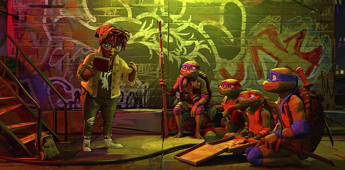 From left, April O'Neil, voiced by Ayo Edebiri, Donatello "Donnie," Raphael "Raph," Michelangelo "Mikey" and Leonardo "Leo" in a scene from "Teenage Mutant Ninja Turtles: Mutant Mayhem."