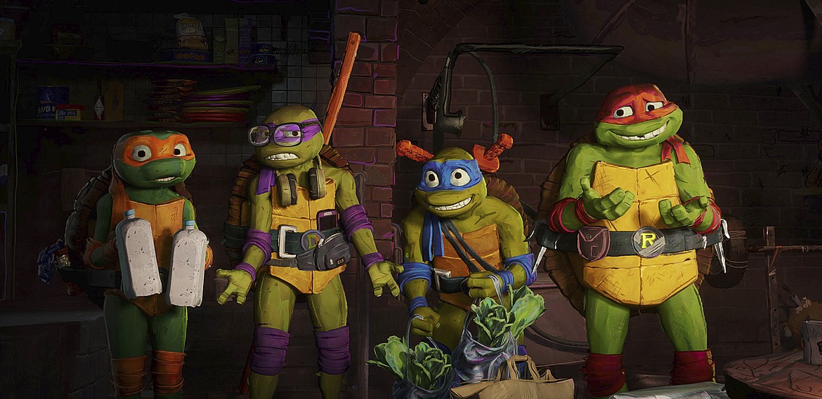 From left, Michelangelo "Mikey," Donatello "Donnie," Leonardo "Leo" and Raphael "Raph" in a scene from "Teenage Mutant Ninja Turtles: Mutant Mayhem."