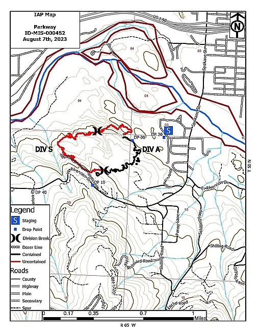 The map of the perimeter of the Parkway Fire as of 11 a.m. Monday.