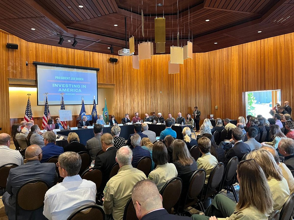 Secretary of Agriculture Tom Vilsack meets July 31, 2023 in Portland, Oregon with a panel of state and local officials and others to discuss funding for wildfire defense.