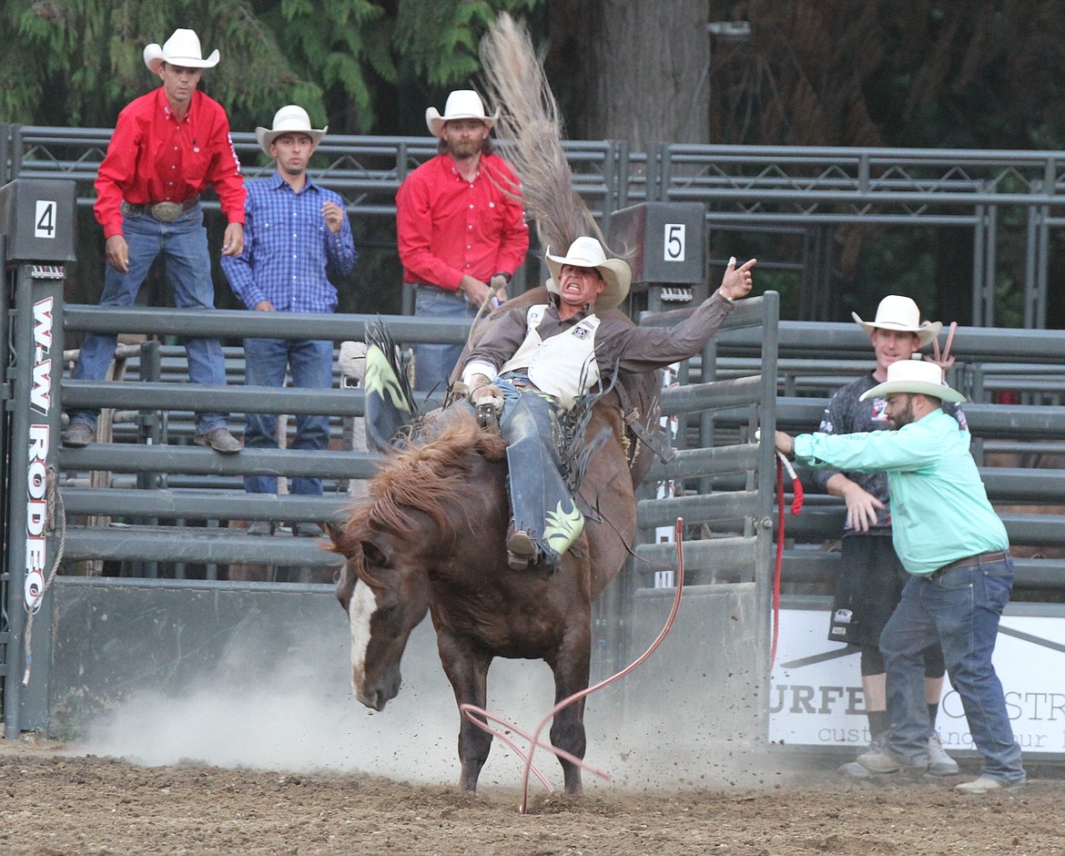 Clay Stone of Blackfoot, Idaho starts off the 2023 Sandpoint Rodeo with an 80-point bareback riding performance, good enough for first place.