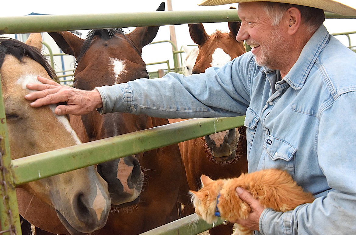 Maryl Vance pets his horse as he holds a friendly kitten. Vance and his wife, Donna, evacuated from their ranch on Walking Horse Lane last Thursday and brought their horses to the Polson fairgrounds. (Berl Tiskus/Leader)