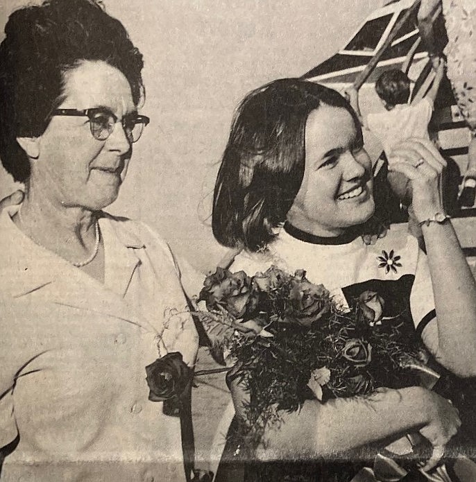 Anne Solomon and her mother, Mrs. John Solomon, at the Spokane airport.