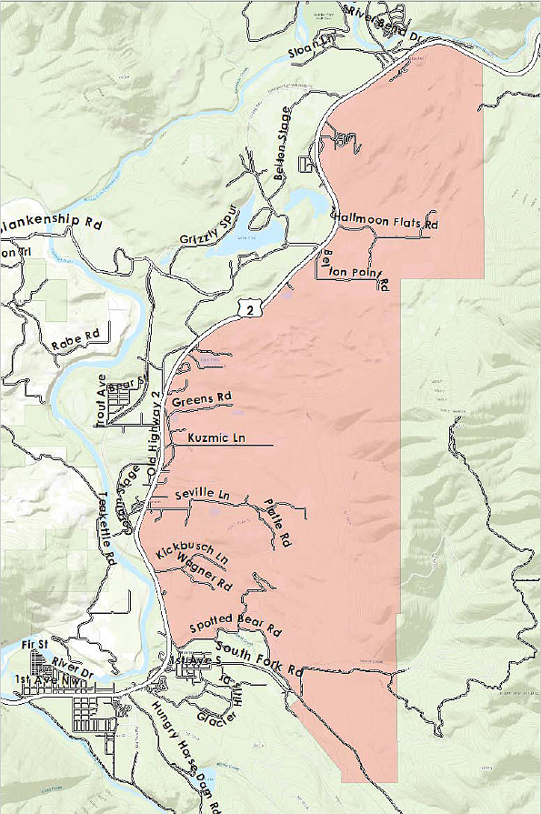 A map shows the areas under a pre-evacuation notice on the east side of U.S. 2 between Hungry Horse and West Glacier.