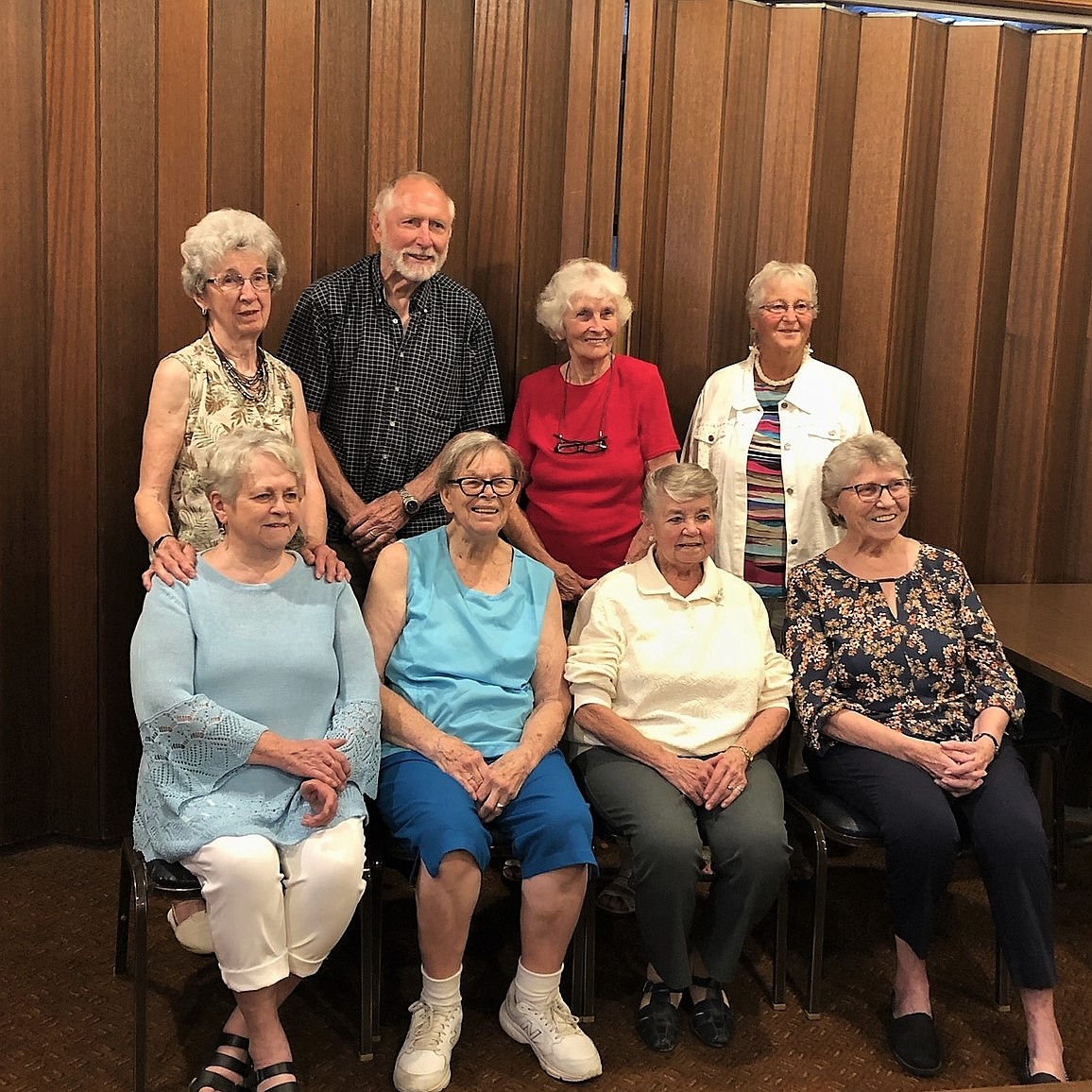 (Top row, left) Molly Belden Gafford, Bob Aavedal, Marilee Norris Wales, Norma Strickland Ritz.(Front, left) Sally Stone Nelson, Dolores Stippich Sweet, Barbara Lindberg Haff, Pauline Rice Norris.