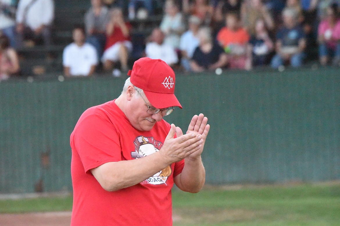 Hoses coach Paul Resch encourages the players at the 2023 Guns and Hoses game at Lee Gehring Field in Libby on Thursday, Aug. 10. (Scott Shindledecker/The Western News)