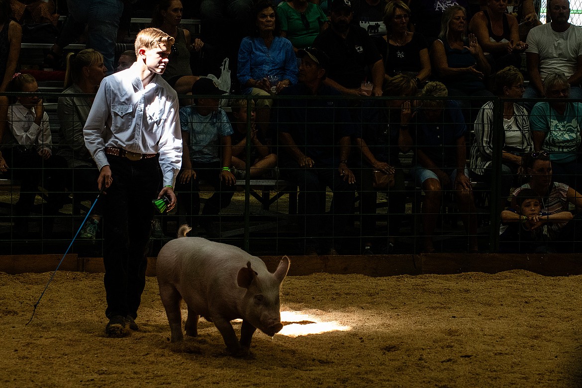 A showman directs a pig around the ring at Flathead County Fairgrounds in Kalispell on Monday, Aug. 14. (Avery Howe/Hungry Horse News)