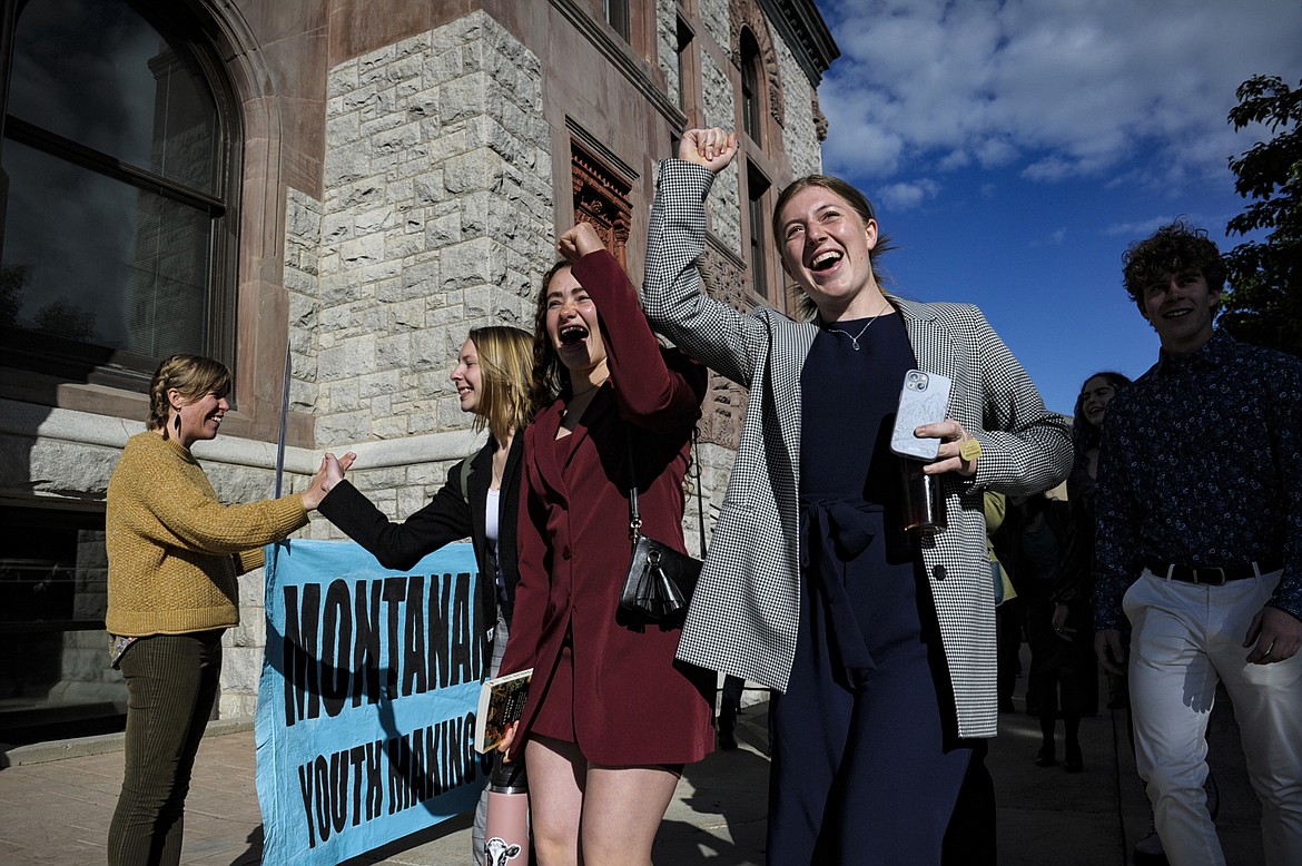 Youth plaintiffs in the climate change lawsuit, Held vs. Montana, arrive at the Lewis and Clark County Courthouse, on June 20, 2023, in Helena, Mont., for the final day of the trial. A Montana judge on Monday, Aug. 14, sided with young environmental activists who said state agencies were violating their constitutional right to a clean and healthful environment by permitting fossil fuel development without considering its effect on the climate. (Thom Bridge/Independent Record via AP, File)