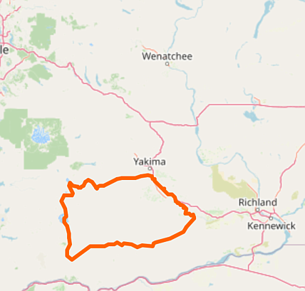 The approximate boundary of the Yakama Indian Reservation west of the TriCities.