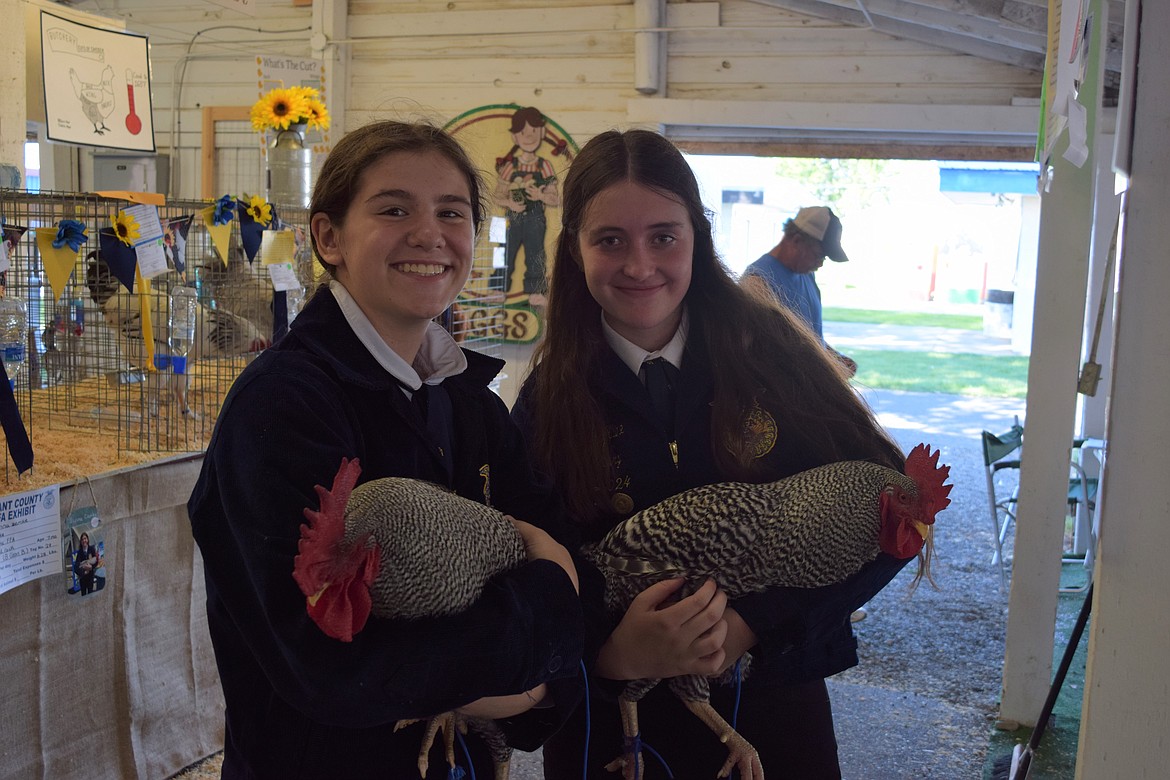 Jenna Zemke and Hayden Kline stop for a photo with their feathered entries in the poultry barn at the Grant County Fair Tuesday morning. Both are participants in Moses Lake Future Farmers of America.