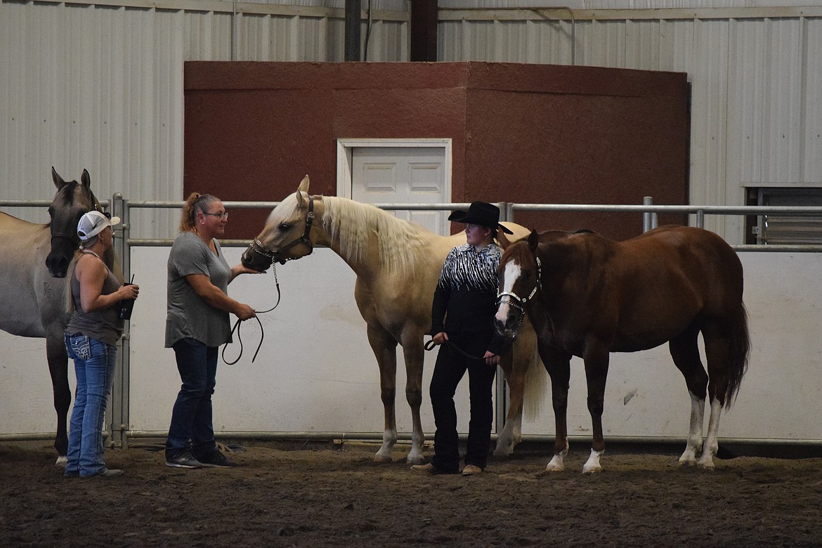 Equestrians await judging results during Tuesday morning's horsemanship competition. See our story in tomorrow's Lifestyle section to learn more about the participants, hooved and booted.