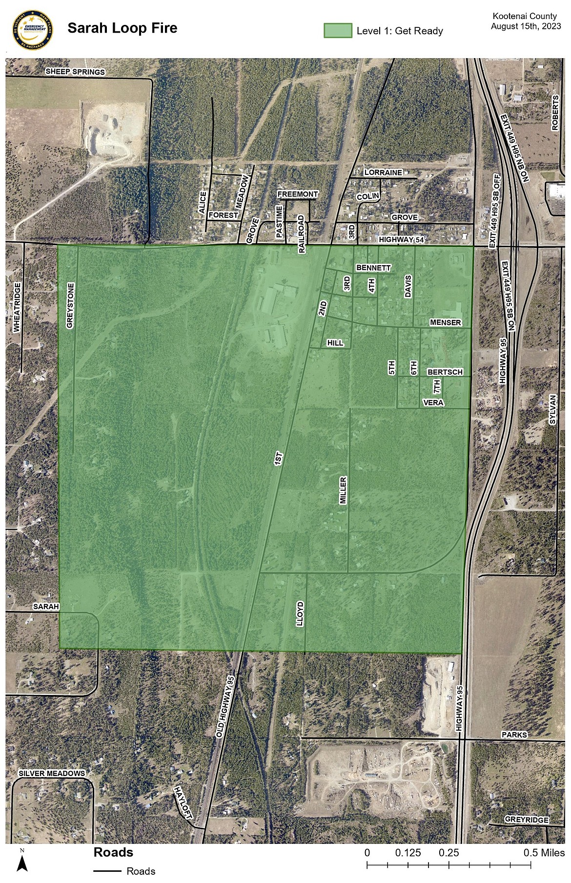 Kootenai County Emergency Management shared this map on social media as evacuation orders in the Sarah Loop Fire area in Athol have been downgraded. Residents in the green boundary of the map are now in the "GET READY" status, which will remain in effect overnight. All other evacuation levels have been lifted. Residents may return home, but are asked to monitor official sources for the most updated information.