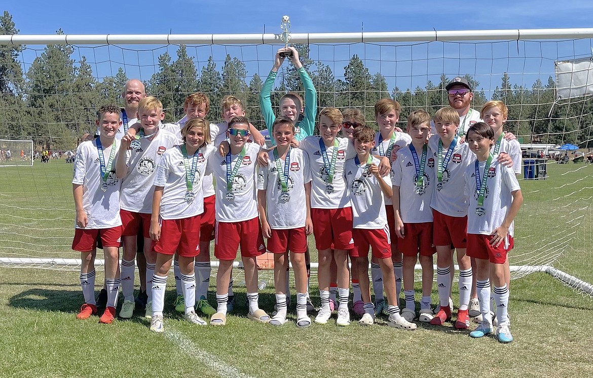 Photo by ABBY FREMOUW
The Timbers North FC 10 Boys Premier Red soccer team took second place at the Northwest Cup in Spokane last weekend. In the front row from left are Michael Steffani, Logan Radar, Carter Lloyd, Elias Herzog and Mason Cramer; second row from left, Hudson Fremouw, Jameson Meyer, James Doree, Easton Clyne, Kellen Anderson, Zack Burkwist, Hunter Moss, Brodie Grimmett, Liam Garr-Coles and Luka Ranca; and back row from left, coach Landon Anderson, coach Stephen Jackson and Issac Jackson.