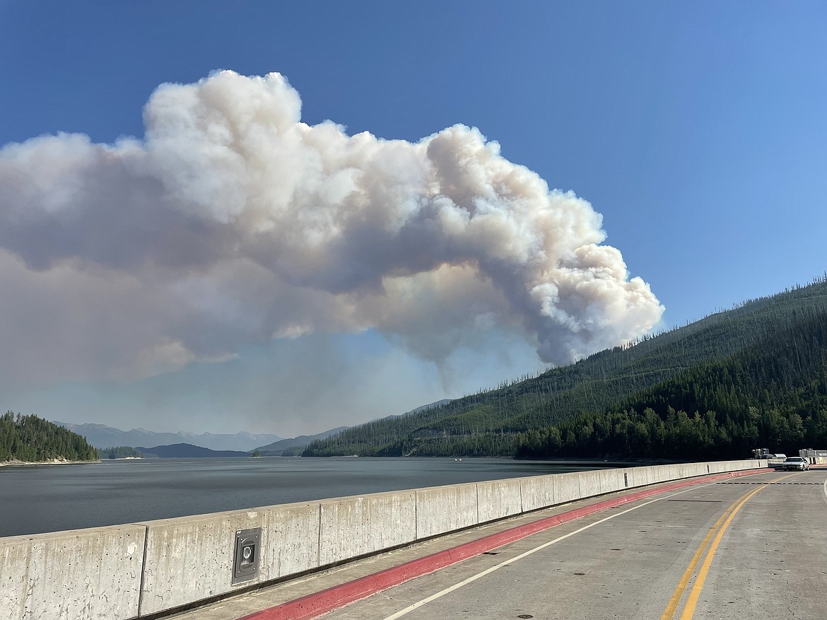 A plume of smoke from the Doris Point Fire is seen from the Hungry Horse Reservoir on Tuesday, Aug. 15, 2023. (Flathead National Forest photo)