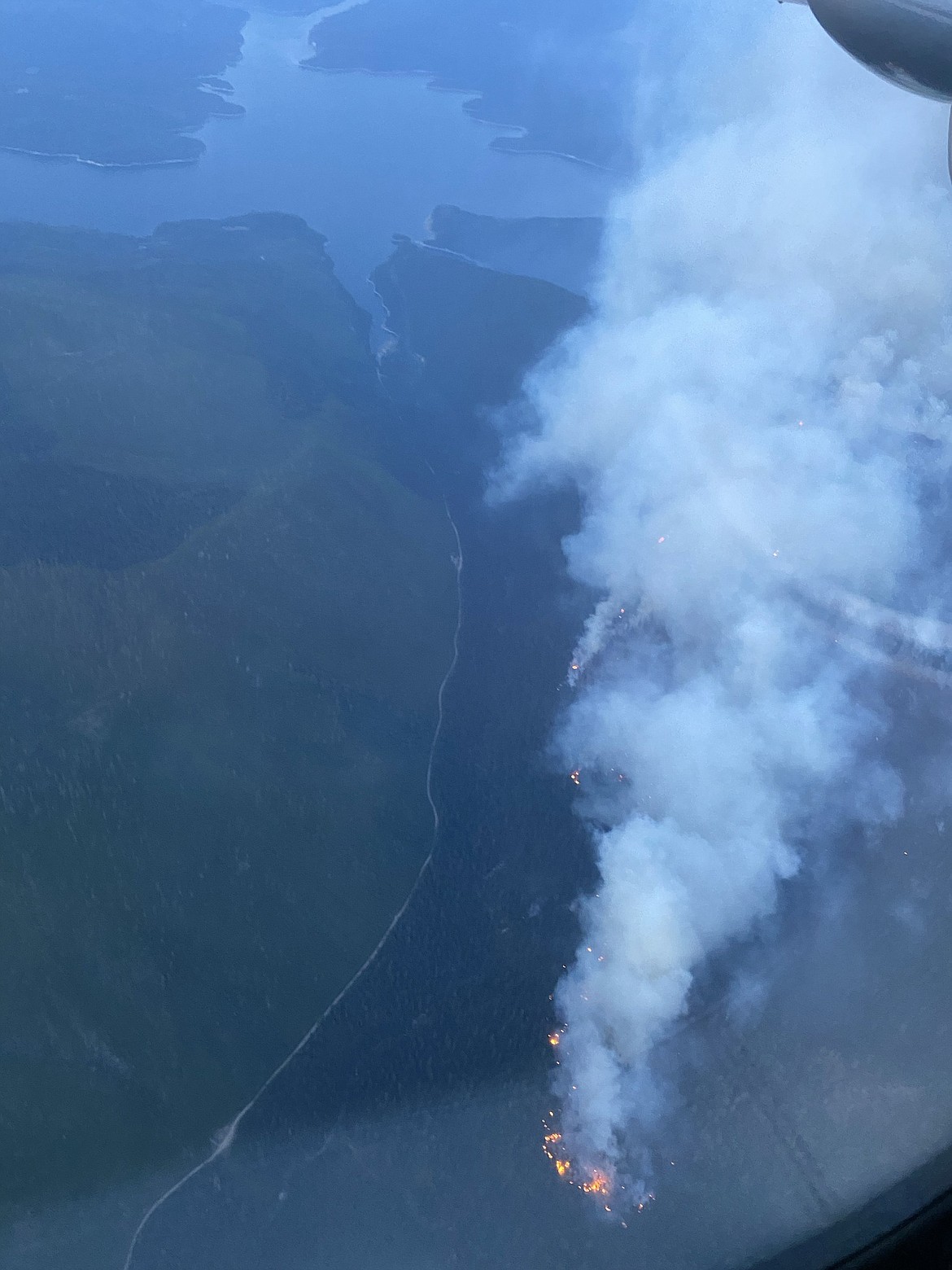 An aerial view of the Doris Point Fire along the west side of Hungry Horse Reservoir on Tuesday, Aug. 15, 2023. (Flathead National Forest photo)