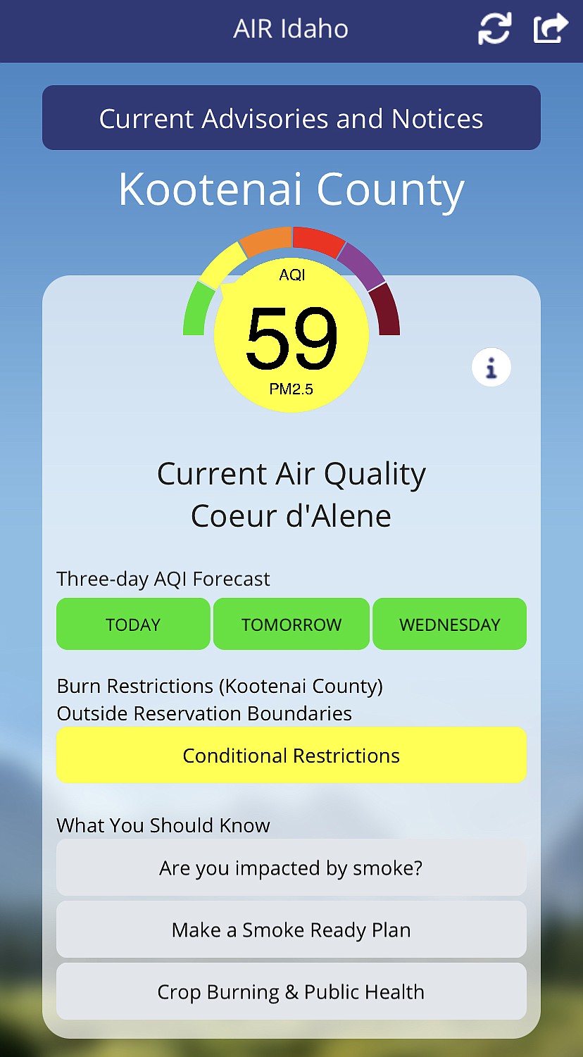 A screenshot of the air quality for Kootenai County through AIR Idaho phone app earlier this weeks indicated that the air quality was in the yellow or moderate zone.