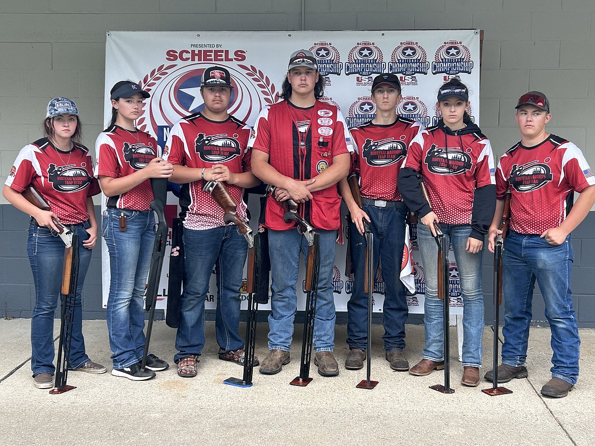 Seven athletes from the Kootenai Trap Team competed July 5-9 in the USA Clay Target High School National Championships in Michigan. Keira Bohannan, Gavin Tiller, Seth Cook, Noah Cook and Sadie Rose Davidson were selected as the top five to compete in the team division. The team placed 163rd out of 240 teams. S. Cook and Tiller hit two 25s and Bohannan hit one 25. The team hit a total of 443 out of 500. This was the first time Kootenai had a full team compete at nationals. In the individual division. N. Cook, with a score of 96/100, and Bohannon, with a score of 98/100, qualified for the finals. They scored in the top 400 out of 1718 shooters, placing them in the top 1% of the 34,049 USA Clay Target High School shooters in the nation. From left: Bohannon, Brooklyn Charles, S. Cook, Tiller, Ben Chaffey, Davidson and N. Cook.