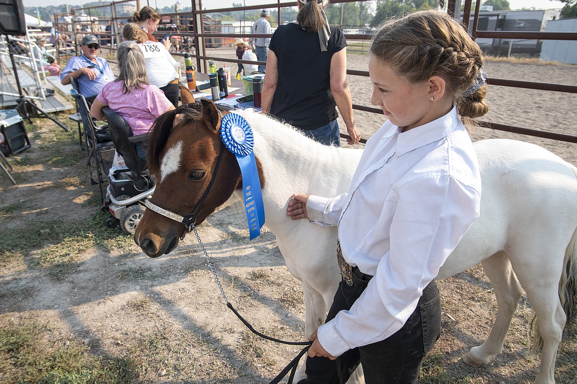 Sidni Sorensen places a blue ribbon in her horse's halter during the miniature horse show at Flathead County Fairgrounds on Thursday, Aug. 17. (Avery Howe/Hungry Horse News)