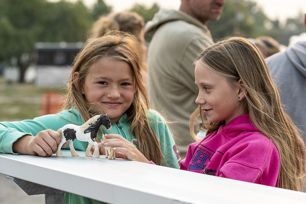 Arena Kallenberger and Kashlynn Konodel play with their own miniature horses in the bleachers during the Miniature Horse Show at Flathead County Fairgrounds on Thursday, Aug. 17. (Avery Howe/Hungry Horse News)
